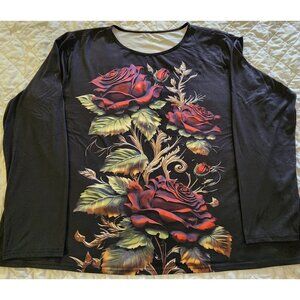 TEMU EXQUISITE FLORAL-PRINT BLACK STRETCH TOP